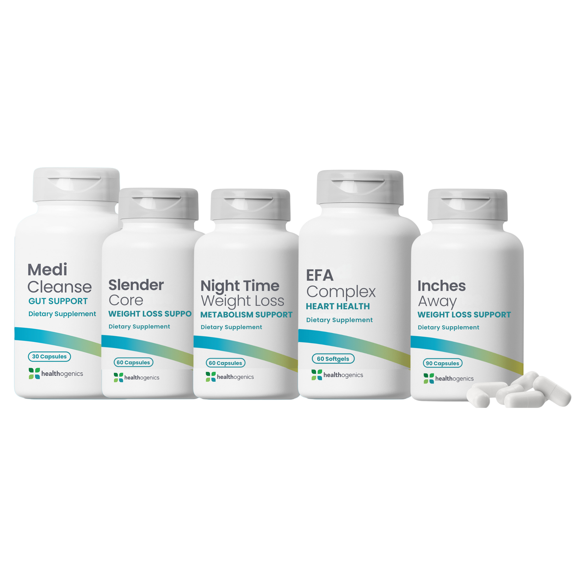 Five dietary supplement bottles on a white background